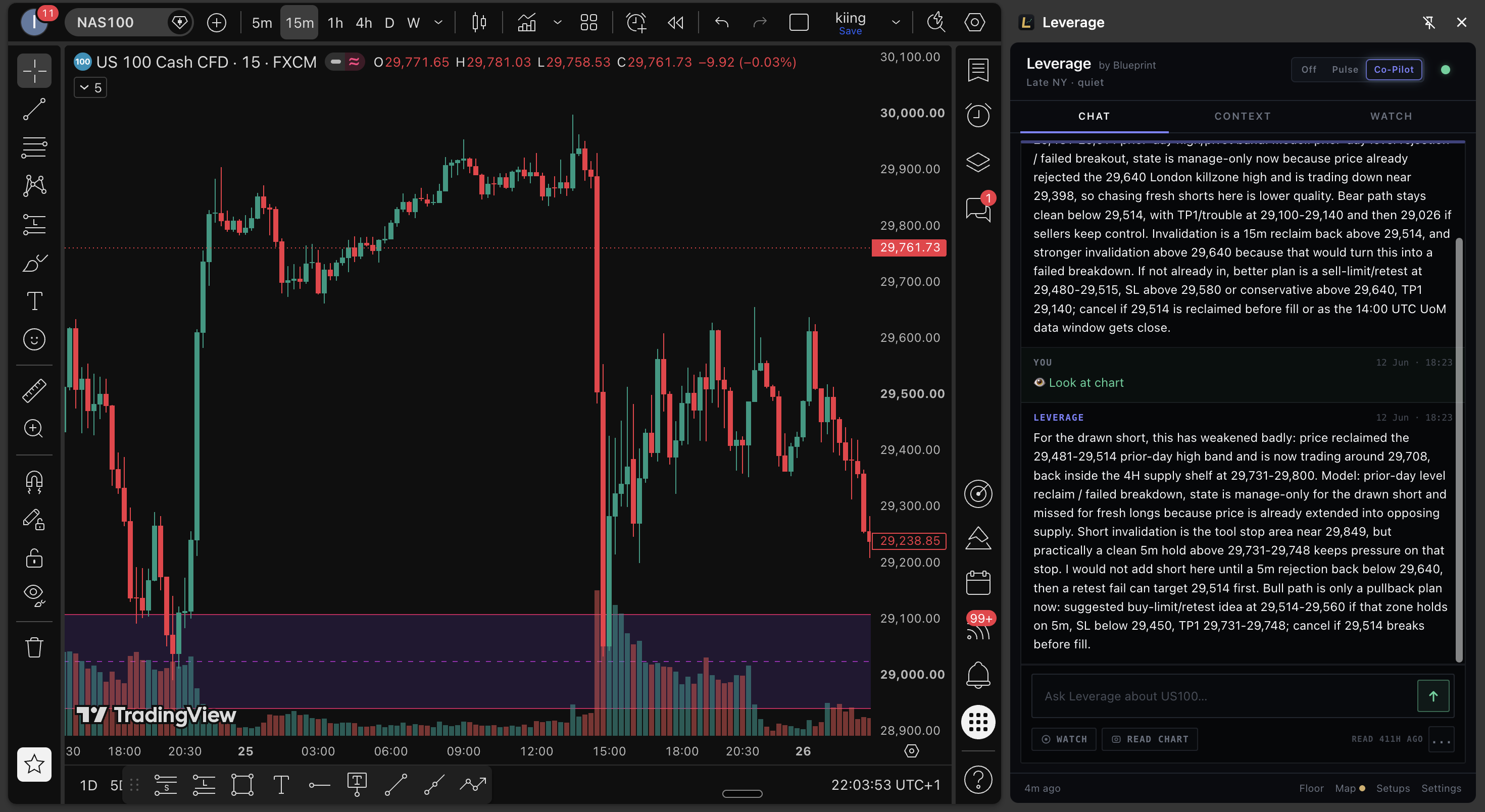 Leverage Co-Pilot side panel beside a live chart